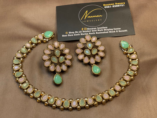 Pink Mint Kundan Pearl Necklace Set