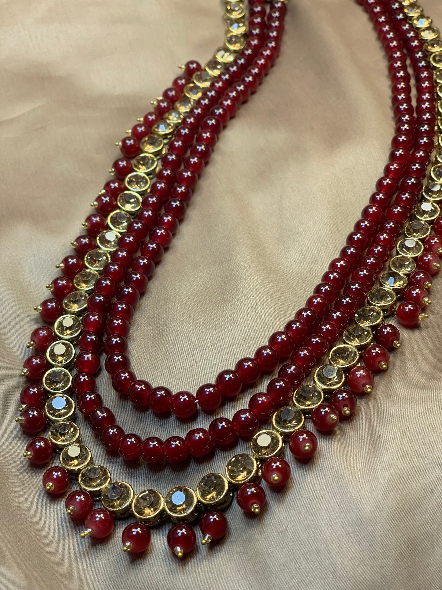 Exquisite Zircon Champagne with Maroon Classy Long Heavy Bridal Look Mala Necklace