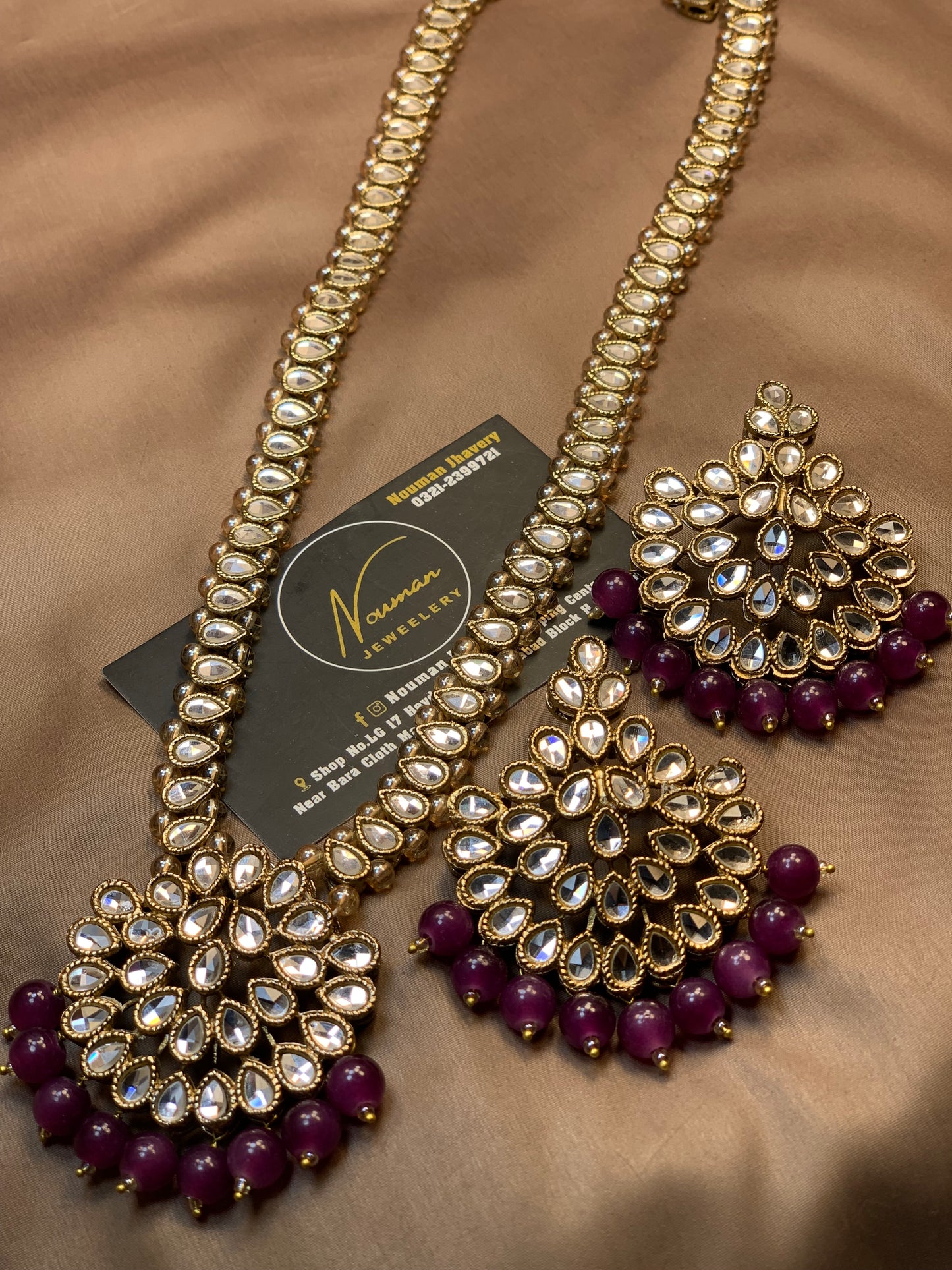 Kundan Long Mala Pendant purple Plum Color Earrings Set