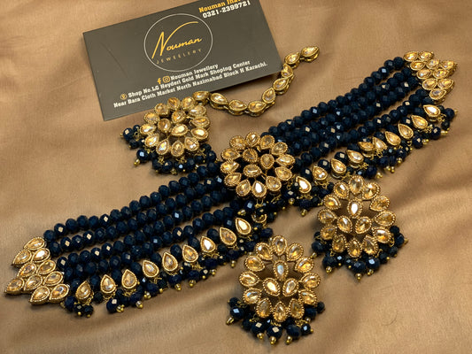 Exquisite Zircon Dark Solid Navy  Aqua Blue Color Gorgeous Style Choker Necklace Set
