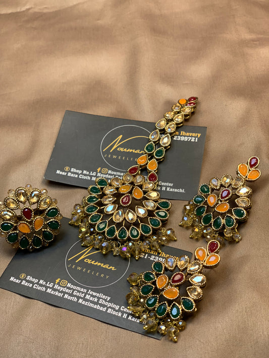 ✨ Multi Kundun Classy Jewellery Earring Tikka With Adjustable Ring Set ✨