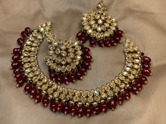 Champagne Gold Pear Elegant Timeless Maroon Necklace Earrings Set