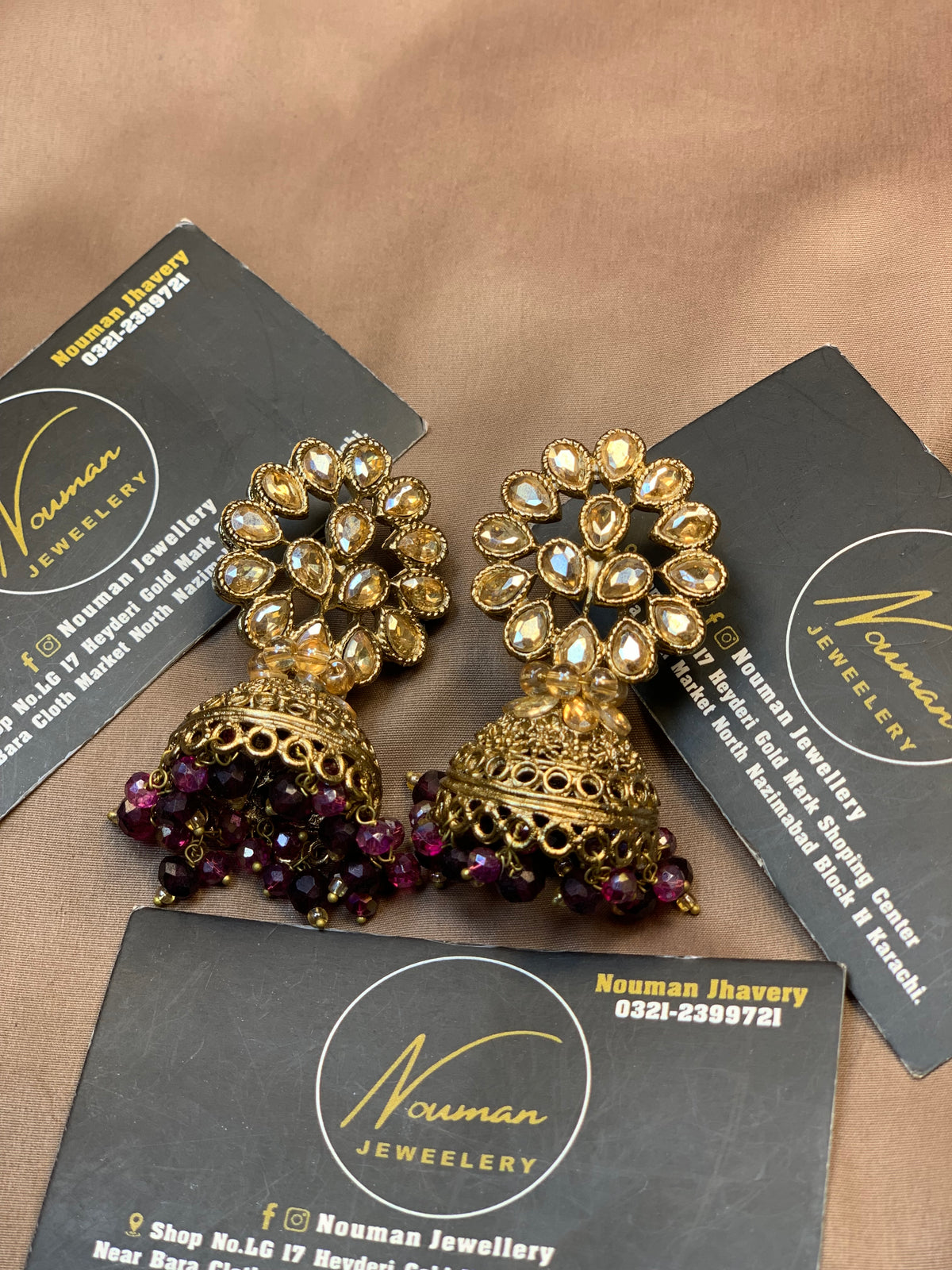 Burgundy & Antique Gold Kundan jhumkhi Set