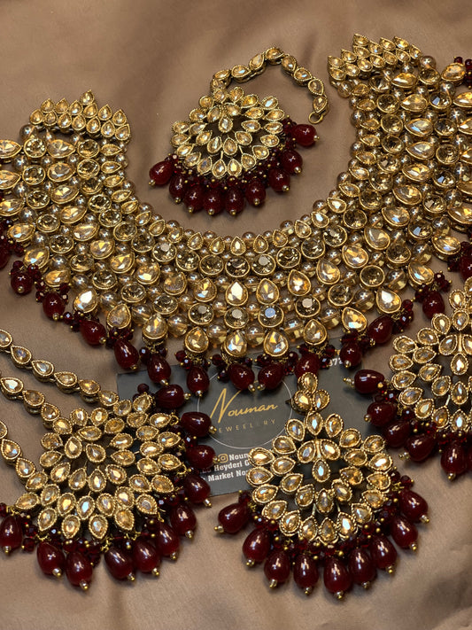 Exquisite Champagne Gold Maroon Deep Red Bridal Jewellery Ser