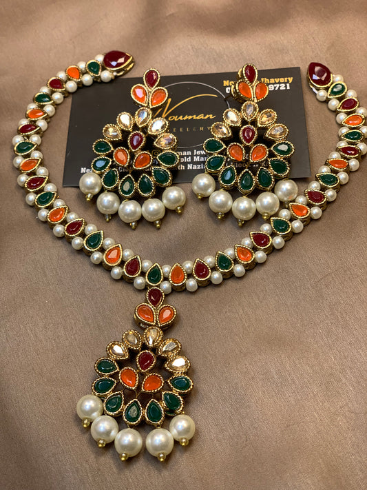 Multicolor Kundan Pearl Necklace Set