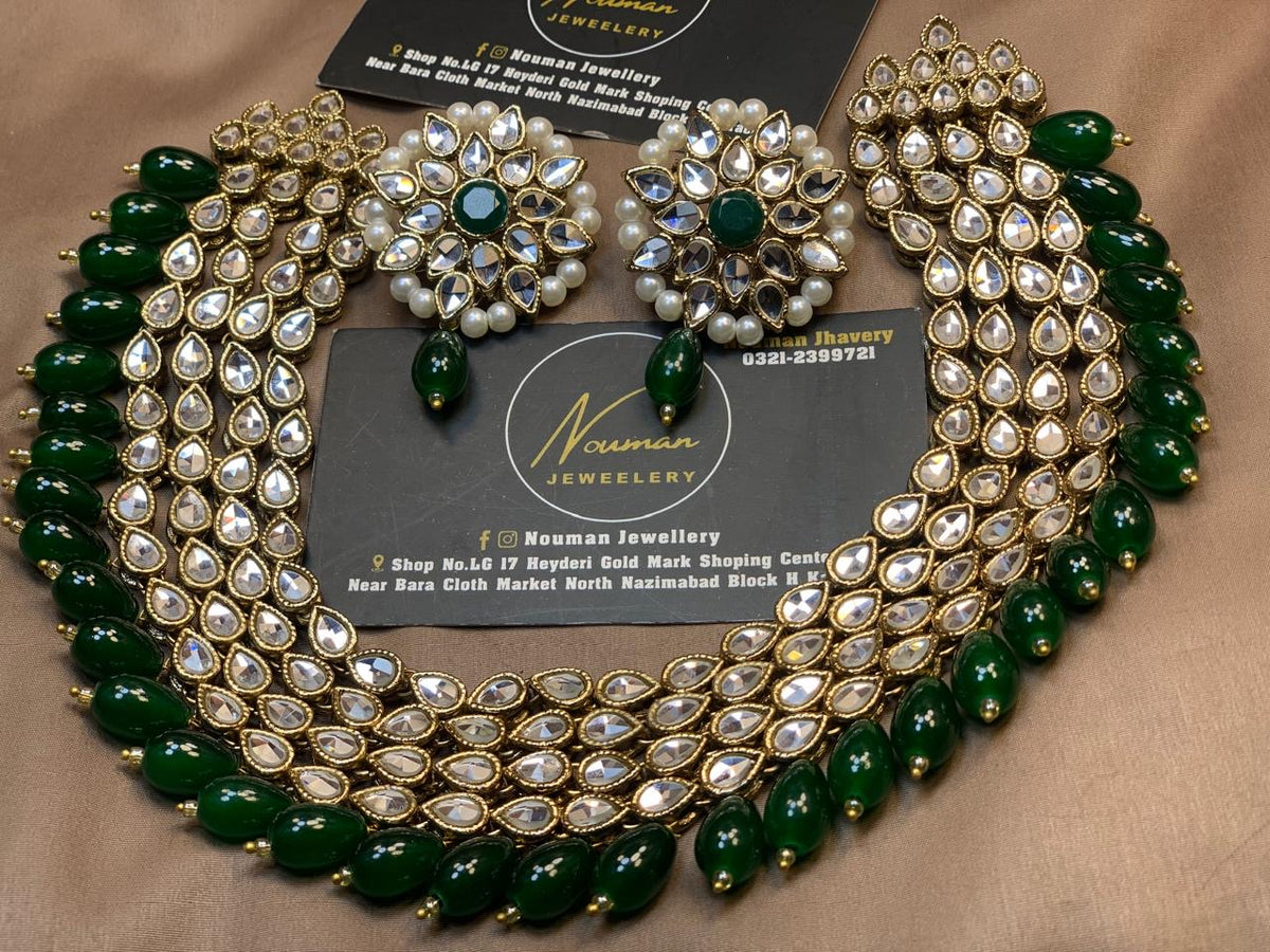 4-Layer Emerald Green Kundan Statement Necklace Set