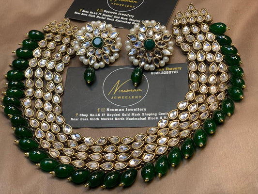 4-Layer Emerald Green Kundan Statement Necklace Set