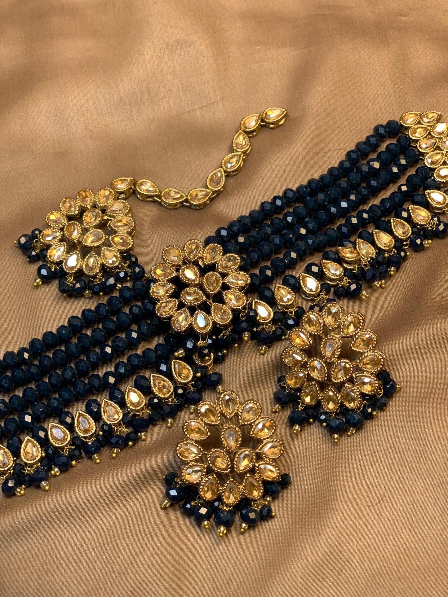 Exquisite Zircon Dark Solid Navy  Aqua Blue Color Gorgeous Style Choker Necklace Set
