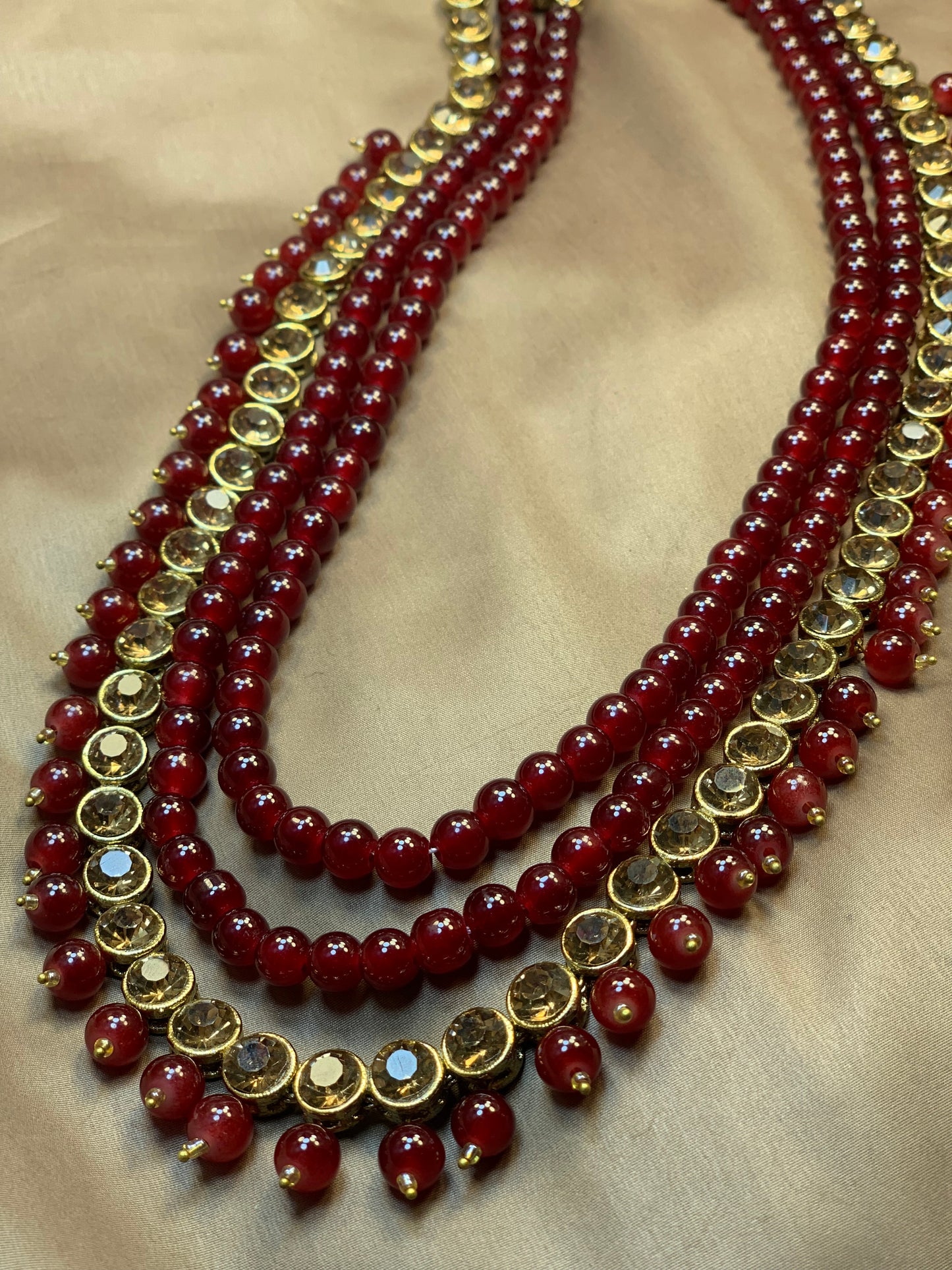 Exquisite Zircon Champagne with Maroon Classy Long Heavy Bridal Look Mala Necklace