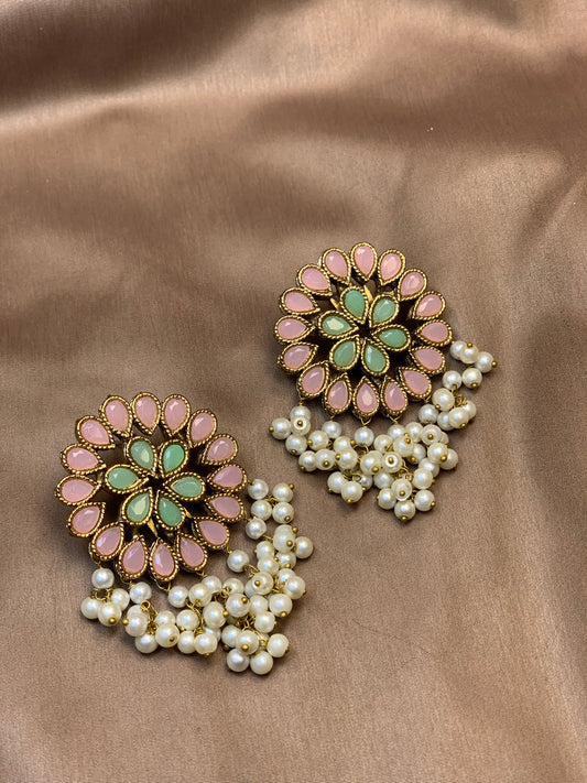 Mint Green Soft Pink Royal Statement Jewellery Earrings.