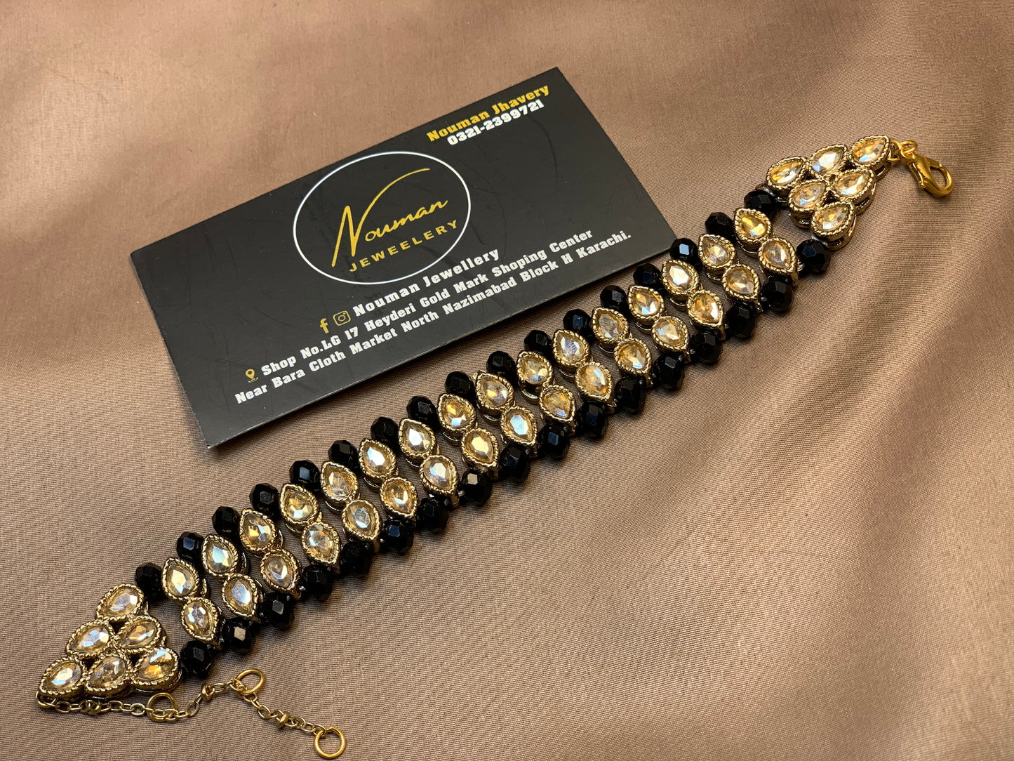 Kundan Adjustable Hand Bracelet With Black