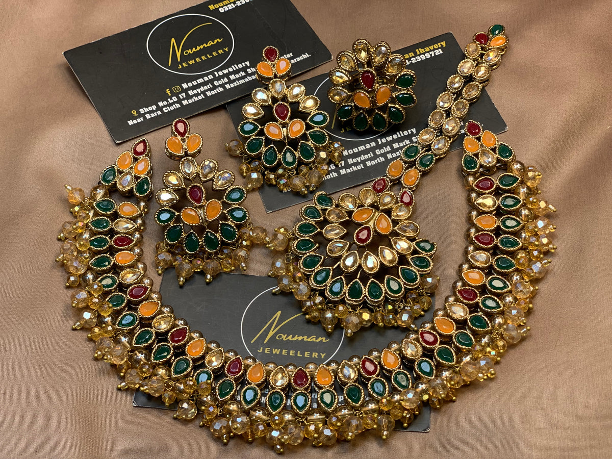 Kundun Multi Beads Necklaces Earrings Big Tikka Rings Set.