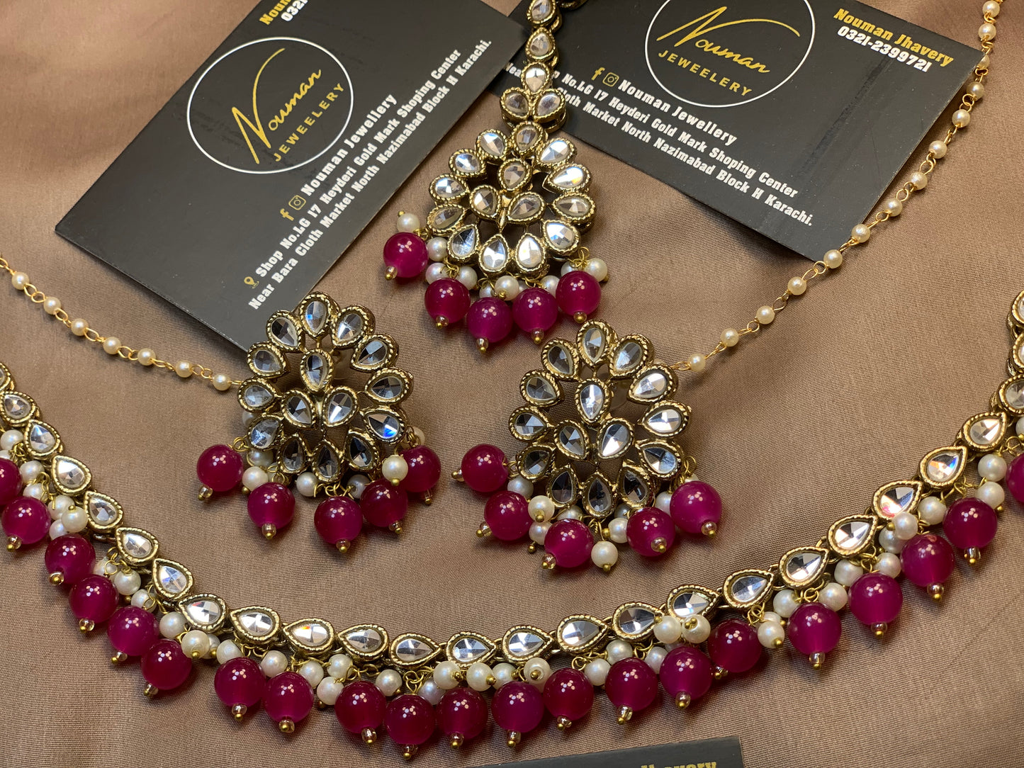Shocking Dark Magenta Kundan Pearl Statement Jewellery Set