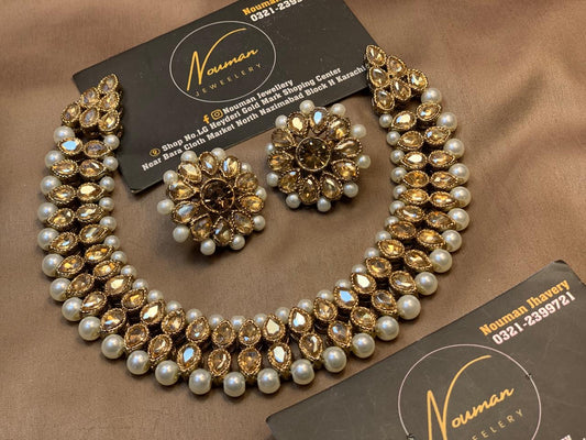 Gold Look Kundan Pearl Necklace Set