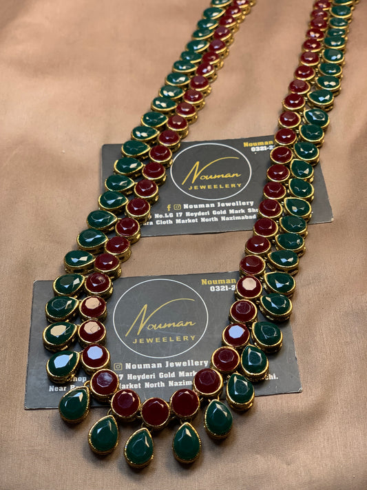 Deep Maroon Green Kundan Long Mala – Antique Gold Plated