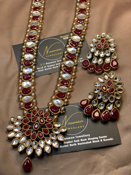 Gorgeous Look Kundun Maroon Ruby Mala Pendant Set