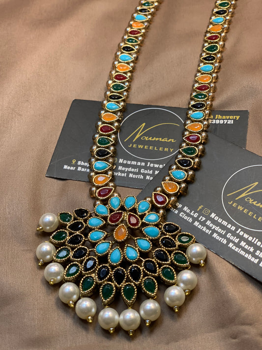 Multi Kundun Long Mala Pandant With Pearls