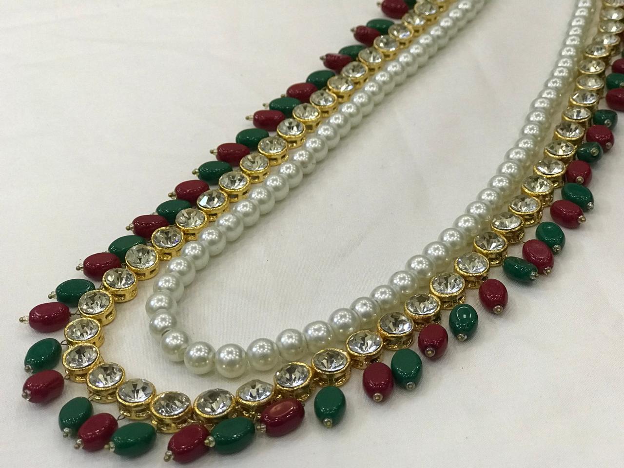 Kundan Pearl & Red Green Beads Long Maala