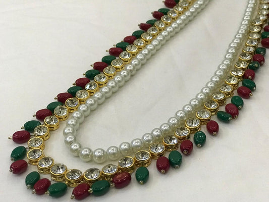Kundan Pearl & Red Green Beads Long Maala